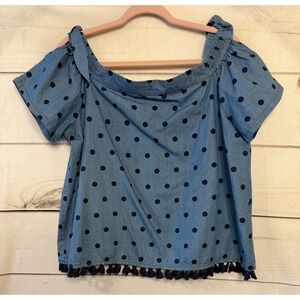 Joy Joy Blue Polka Dot Off Shoulder Tassel Fringe Top Women's Size L